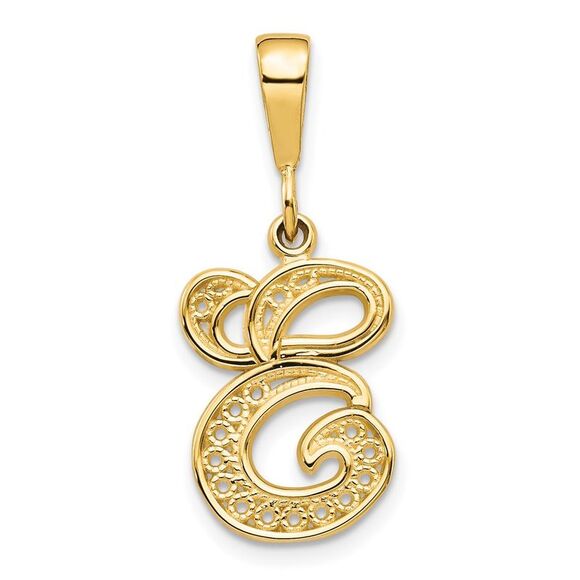 14k Yellow Gold, Maci Collection, LG Filigree Script Initial E Pendant - Picture 1 of 5